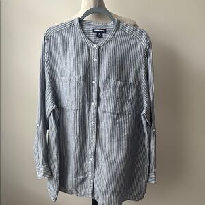 Lands End Shirt Blouse 1X Grey Linen Mandarin Button Front Long Sleeve Striped